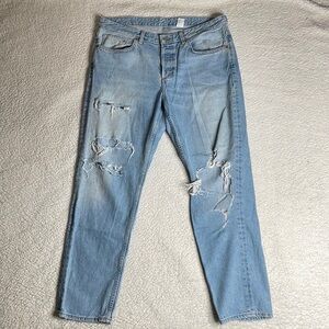 H & M Denim Boyfriend Low Waist Button Fly Jeans Distressed Ripped Siz…